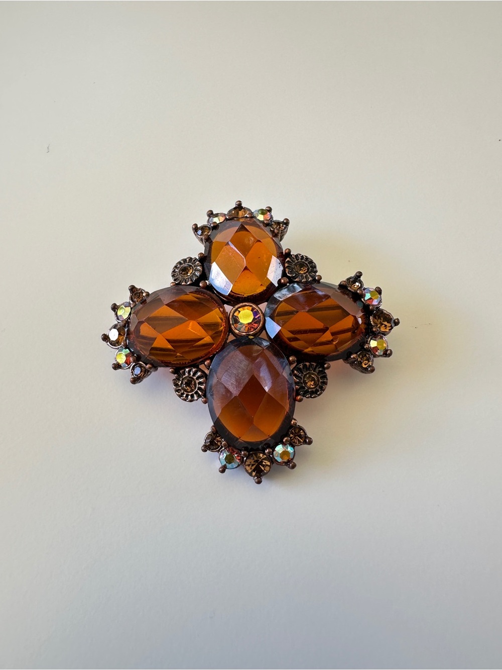 Vintage Amber Crystal Cross Brooch